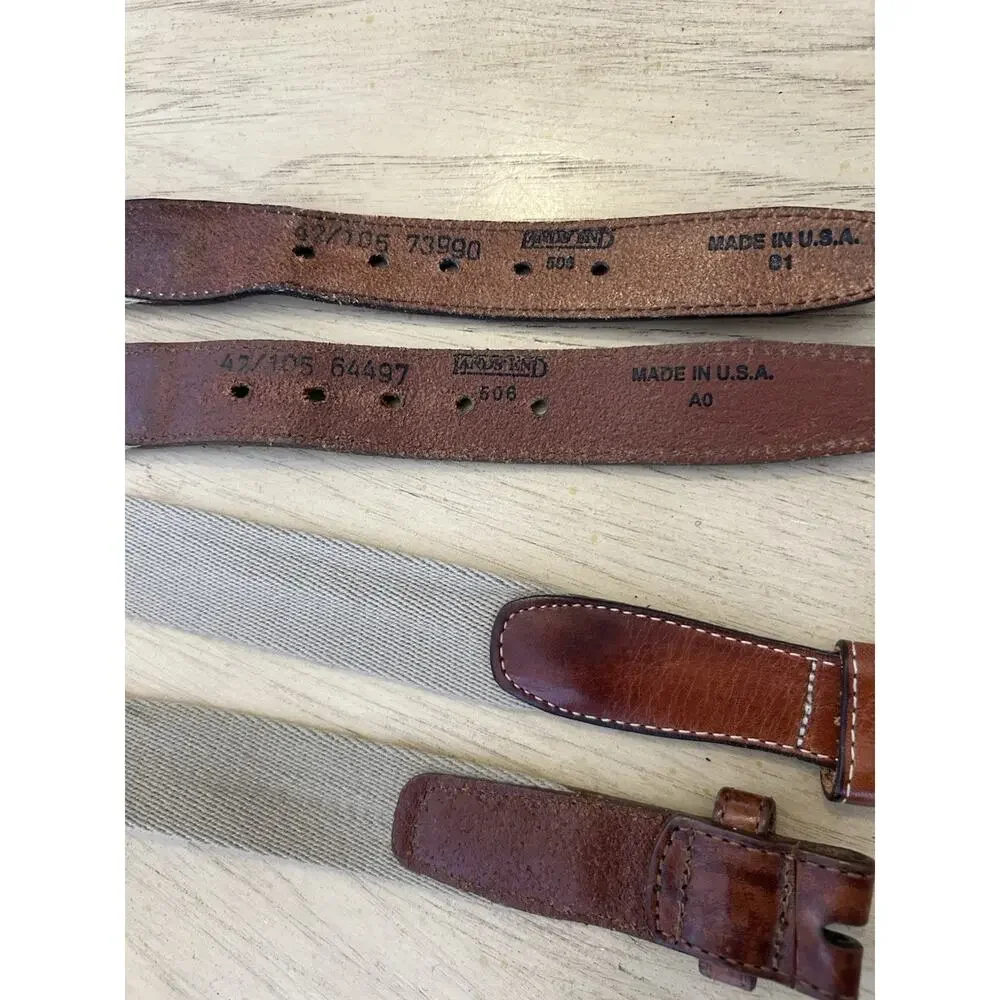 VTG Lands End Belt 42 Preppy Canvas Stripe Blue Leather Tan Y2K USA 506 Lot 2